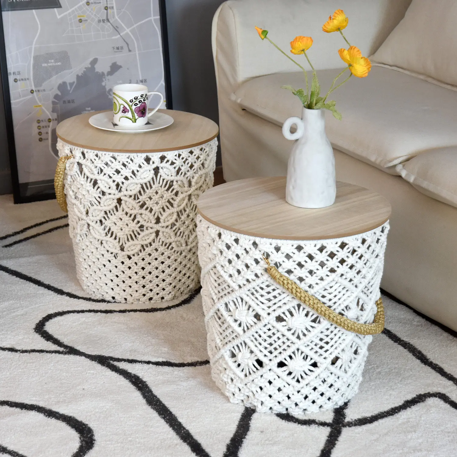 Hand woven handle removable with storage side table living room storage table