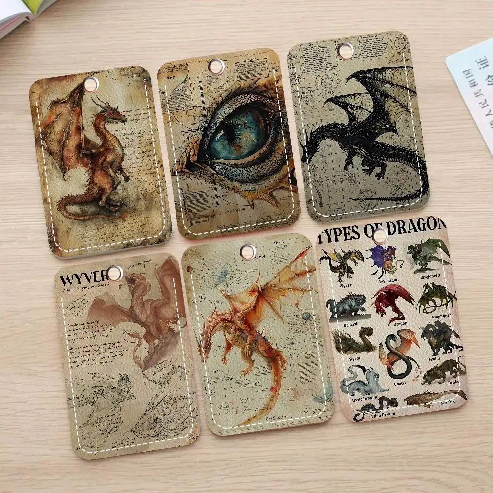 Middle Ages Dragon Atlas Retro 1Pc PU Leather Card Holder Keychain Key Ring Door Lock Access Tags ID Card Case Keychain Card