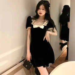 2023 Summer Fashion Dress Women High Quality Square Collar Bow Lace Short Sleeve Black Dresses For Female Sexy Cute Mini Dress