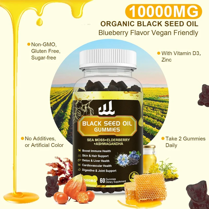 

Black seed oil and seaweed gummies, South African eggplant extract, vitamin C D3- immune support, joints,digestion,hair and skin