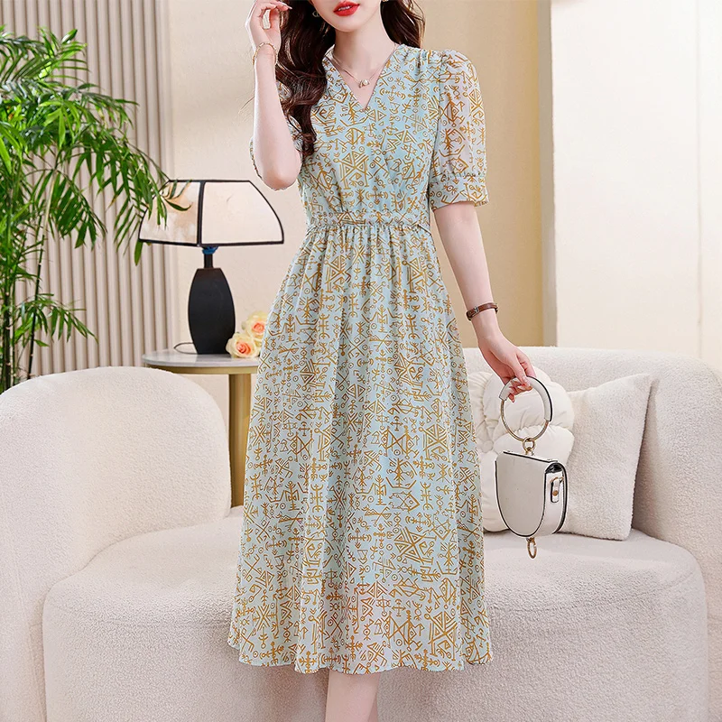 

Women's Summer Printed Dress, New Fashion V Neck Short Sleeve Top with Pockets, Drawstring Tie Waist Casual Dress