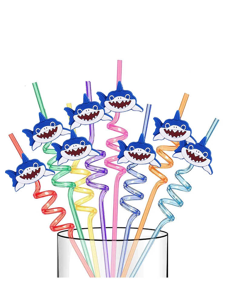 8/16 pcs Ocean Shark Reusable Plastic Drinking Straws For Baby Shower Sea Shark Theme Birthday Party Favors Supplies Decorations