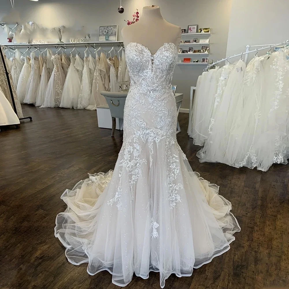Vestido De novia De sirena De moda personalizado, vestido De novia con apliques De lentejuelas, vestido De novia con espalda descubierta y purpurina De tul, bata De boda 2025