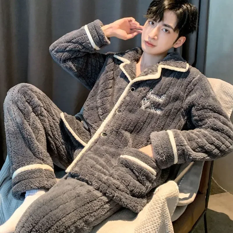 Pyjama Men Warm Winter Sleepwear Thickened Embroidery Pajama Set Flannel Autumn Nightwear Soft Long Sleeve Long Pants Oversized