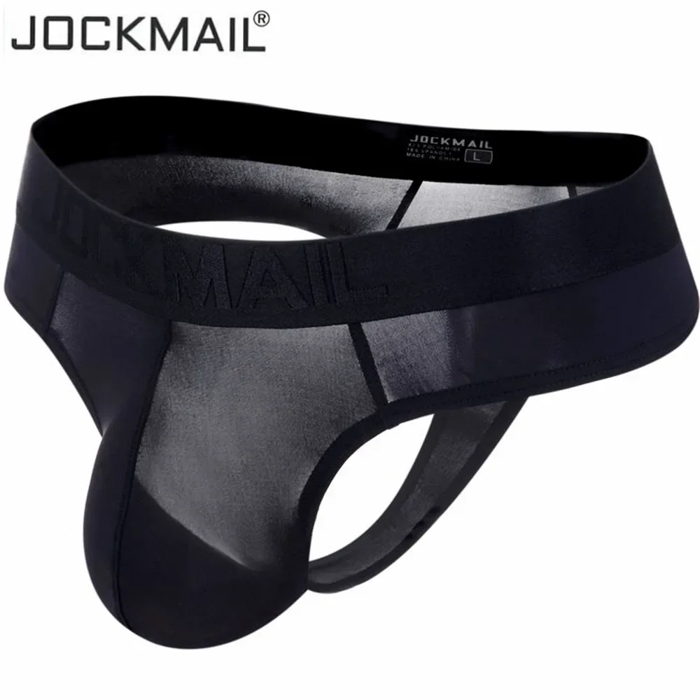 JOCKMAIL-tangas transparentes para hombre, ropa interior Sexy Gay, calzoncillos de seda de hielo, Bikini transparente, Tanga con parte trasera en T