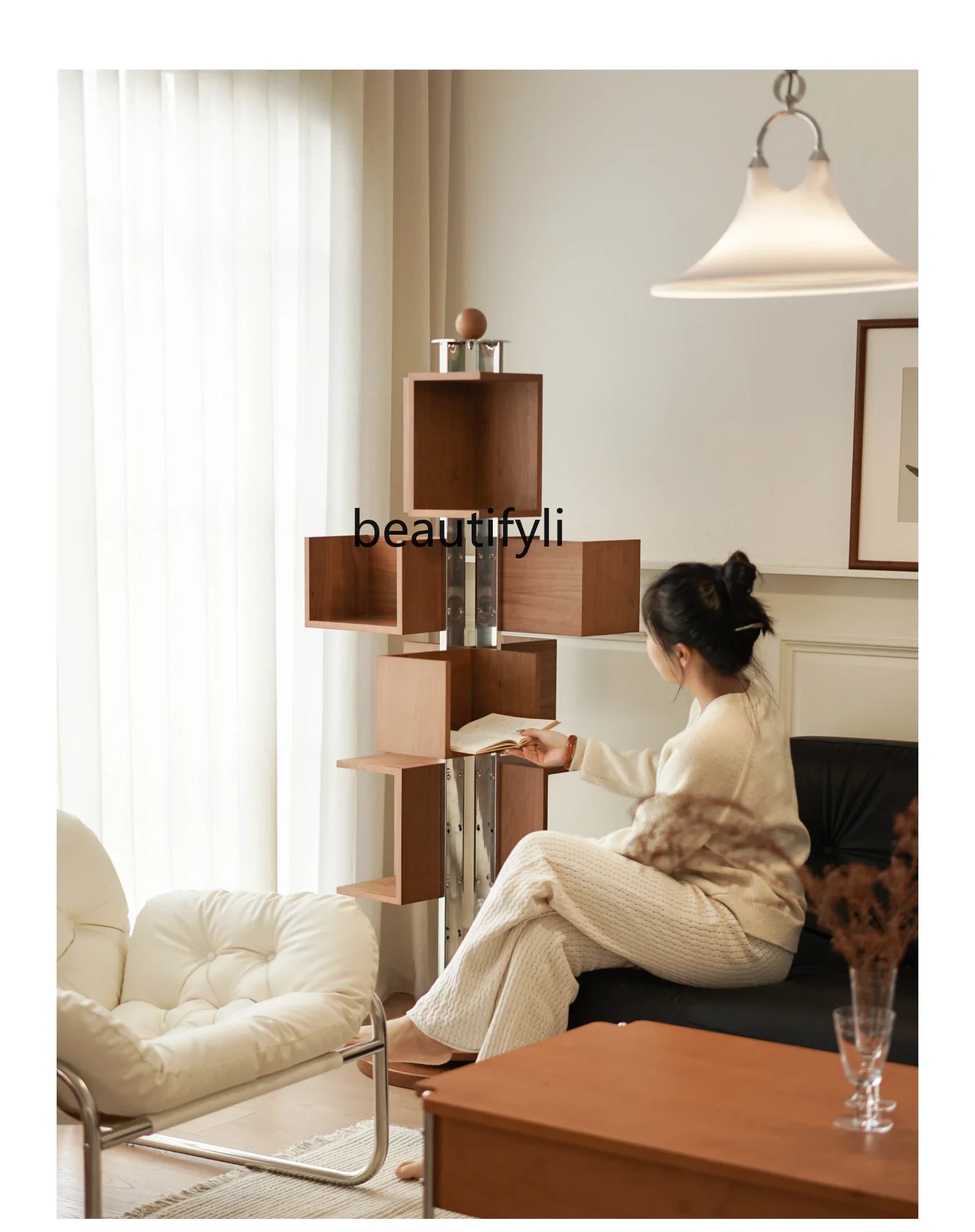 

Rotating bookshelf Floor-to-ceiling shelf integrated against the wall Library solid wood free combination