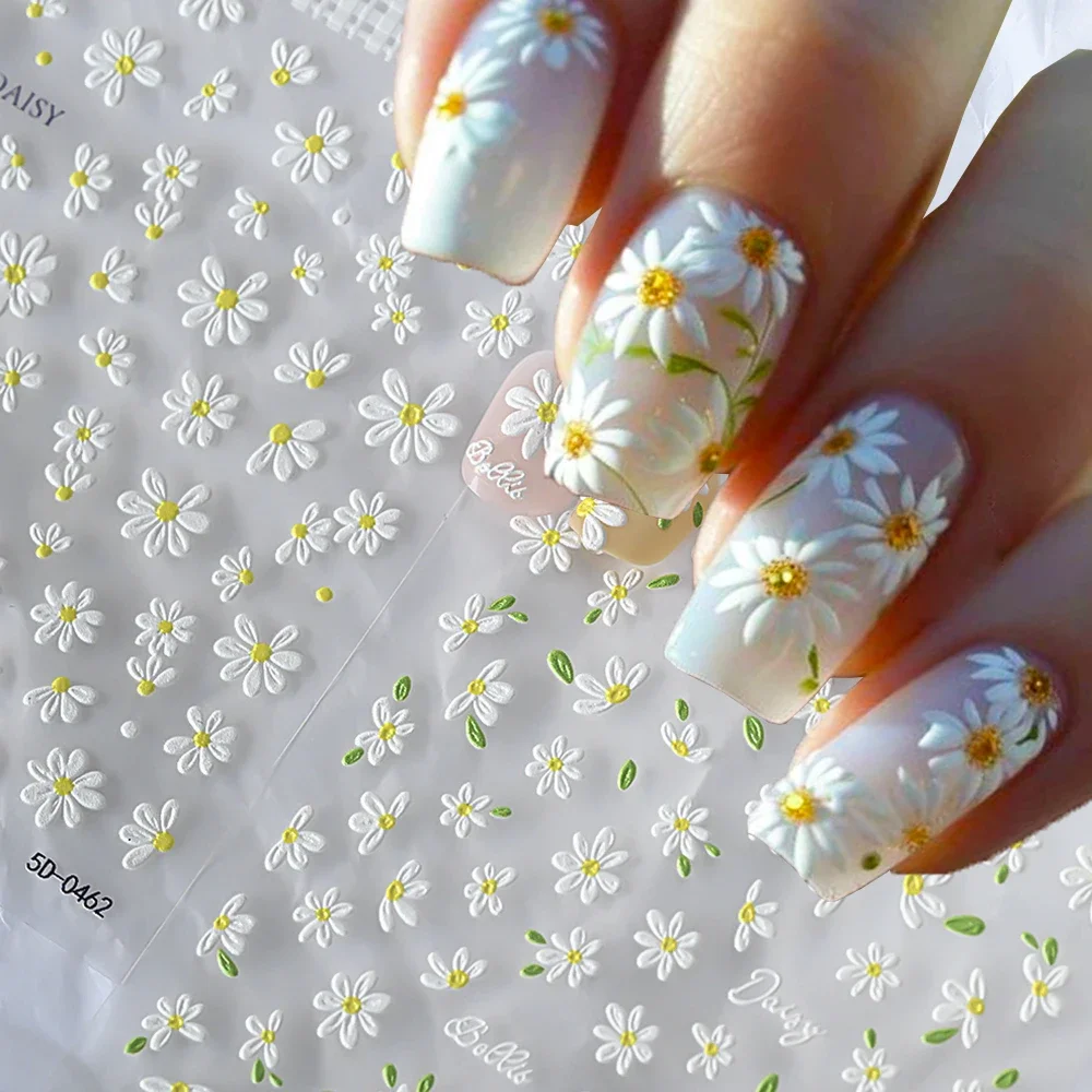

2pcs 5D White Daisy Design Nail Art Stickers Embossed Daisy Floret Green Leaf Nail Art Decals DIY Spring Summer Decor Stickers