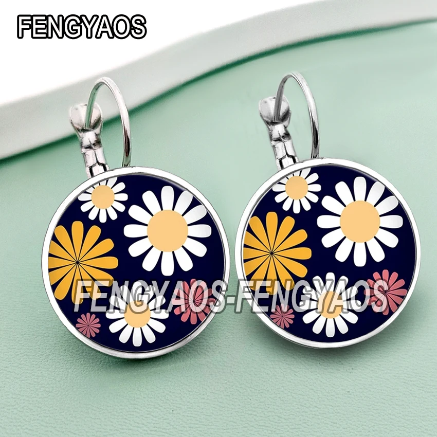 Beautiful Flowers Earrings for Women Daisy Earring Glass Cabochon Fresh Summer Hook Ear Jewelry for Girls