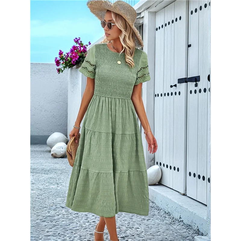 ABRT-robe Maxi découpée à col rond pour femme, couleur unie, élégante, printemps été