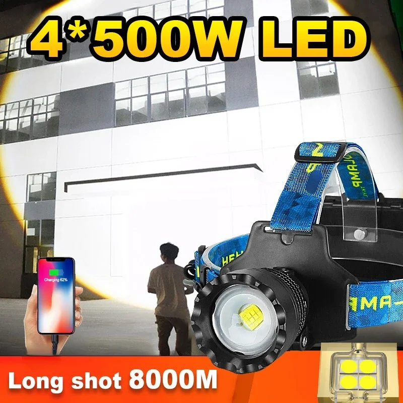 Powerful XHP70 LED Headlamp Type-C Rechargeable Zoomable Headlight 3 Modes18650 Head Flashlight Waterproof Power Bank Light
