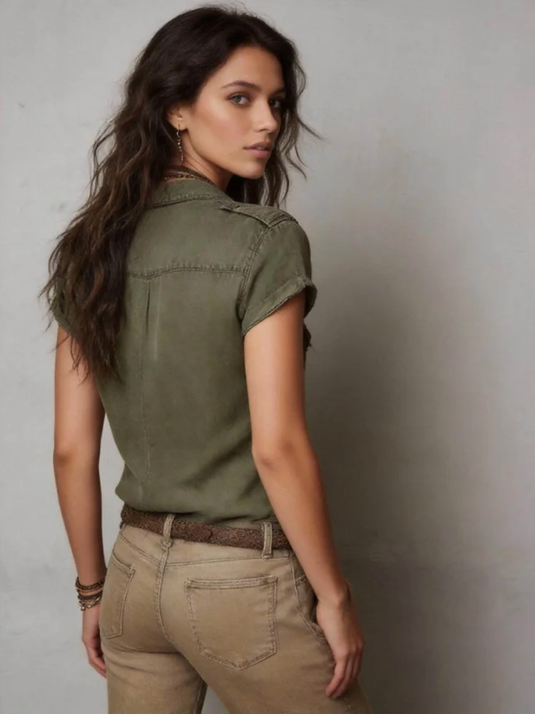 Short Sleeve Top Lapel Collar Single Breasted Double Chest Pocket Epaulet Slim Blouse Outfit For Women Vintage Safari Street Stylish Wear view 2