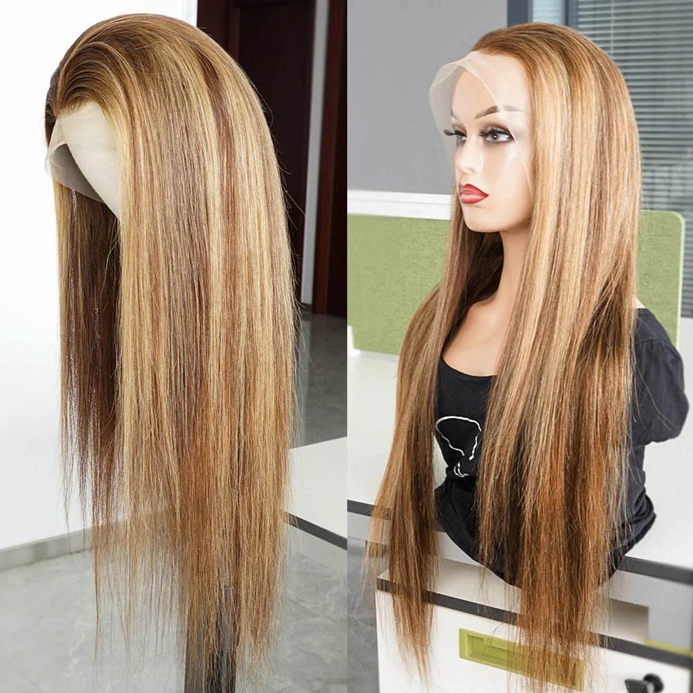 Highlight Human Hair Wigs Transparent Lace Front Wig for Women Pre-Plucked Lace Free Part P4/27 Brown Blonde Bone Straight Mogul