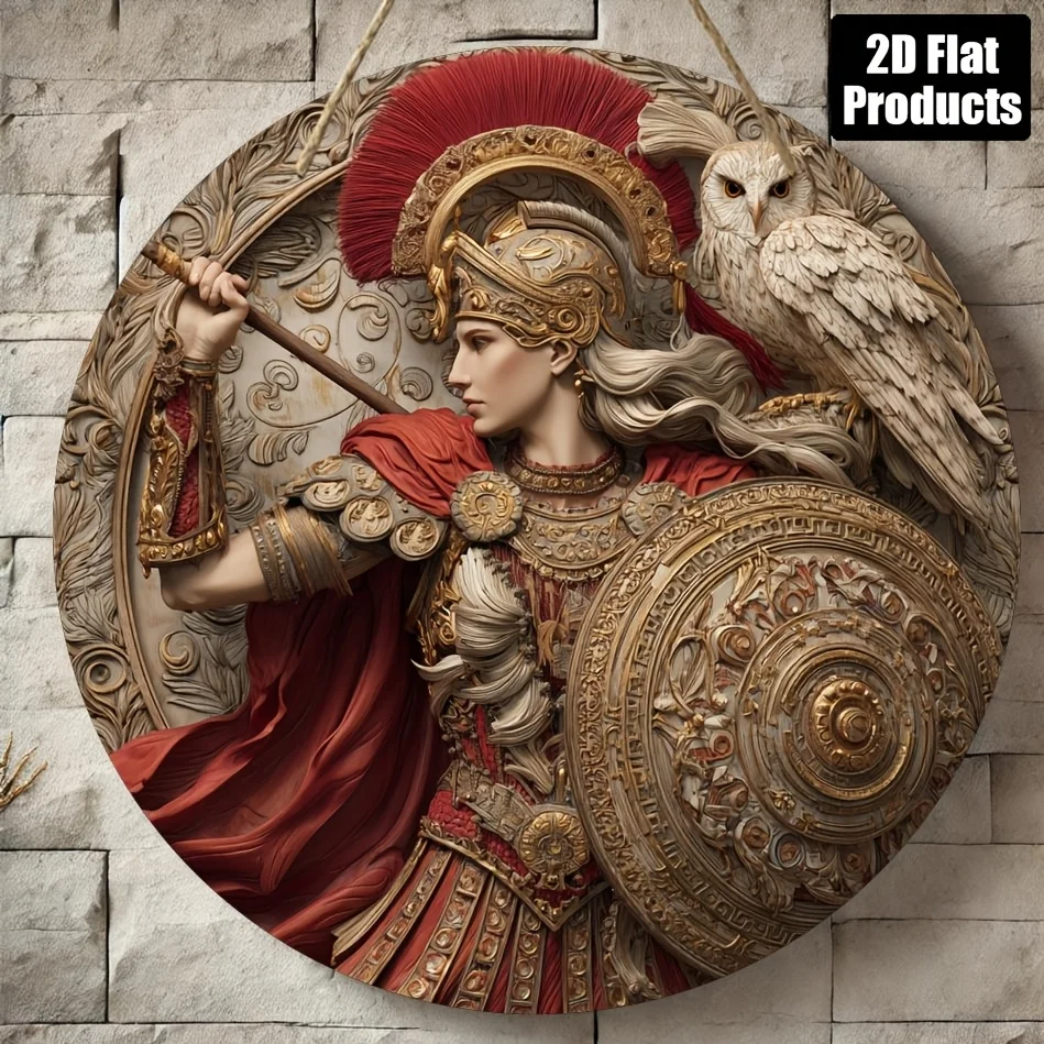 2D Flat, 1pc Greek Goddess Athena Wall - Round Greek Deity Plaque with Owl Emblem & Owl Motif, Artificial Wood Retro Greek Mytho