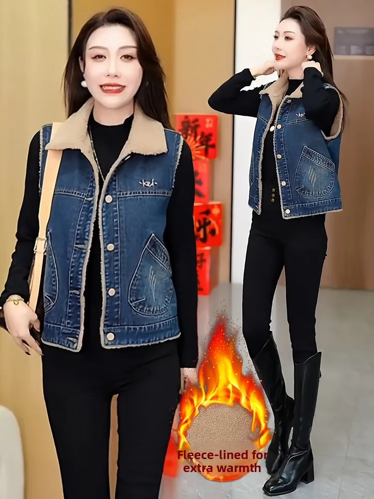 

Модный утепленный джинсовый жилет для женщин, зимний, 2026, на флисовой подкладке, утолщенный, для повседневной носки, с комбинированными вставками