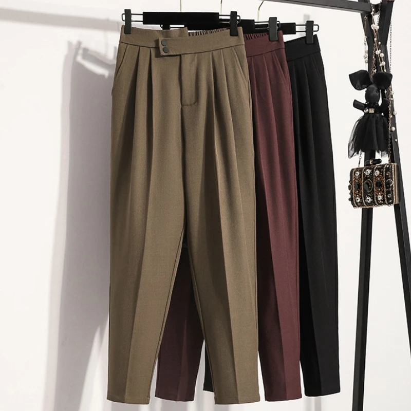 

Осень 2023, драпированные брюки с высокой талией, девять минут, новый корейский дизайн, плотные свободные брюки большого размера, темпераментные брюки для отдыха