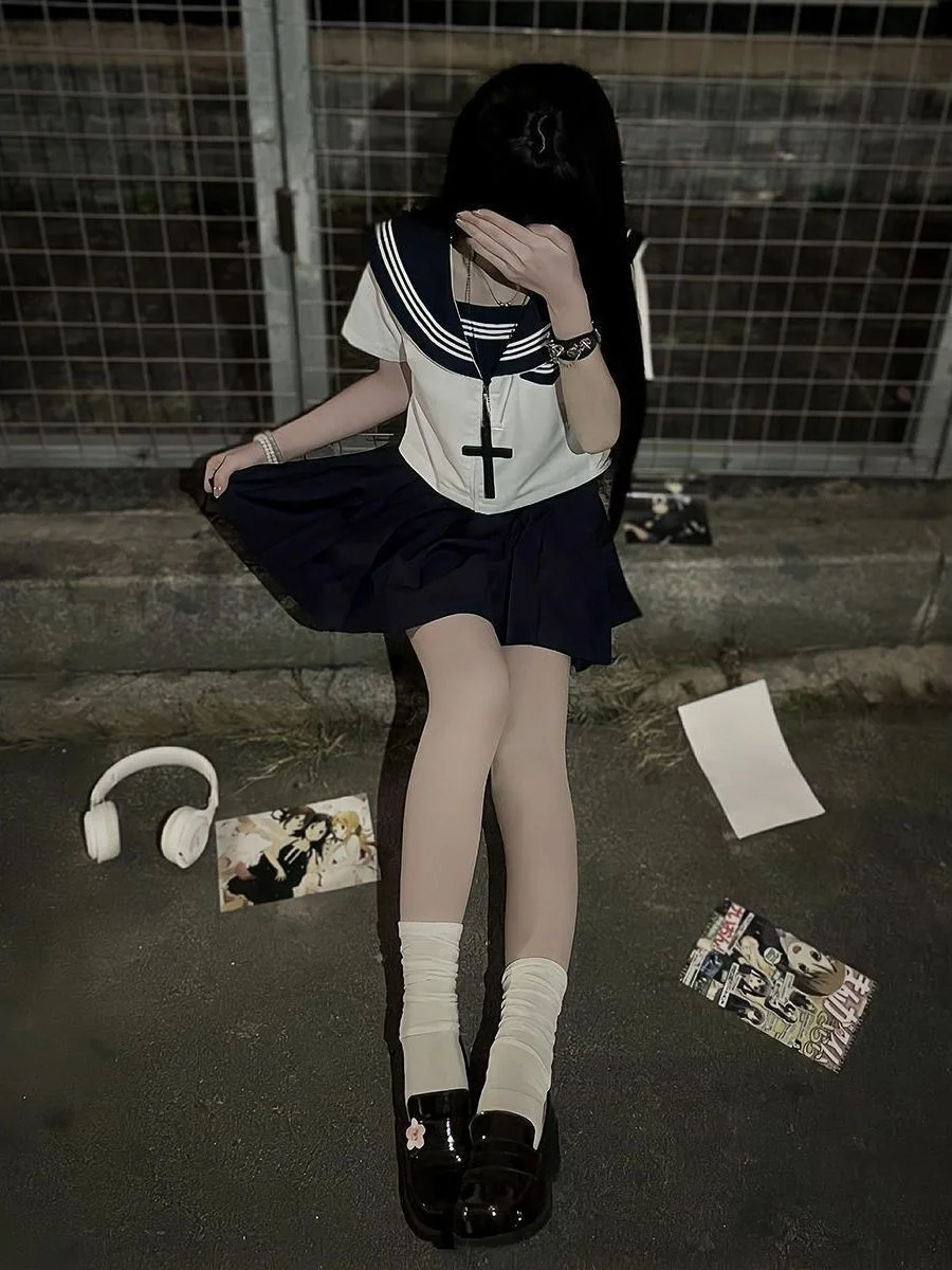 

Original College JK Uniform Basic Short Sleeve Sailor Suit Set with mid High Waist Short Skirt Breathable Polyester Fabric