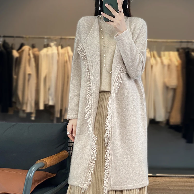 2023 Fall Winter New Wool Cardigan Women's Long Sleeve Solid Tassel 100% Pure Wool Loose Medium Long Fashion Knitted Outer Top