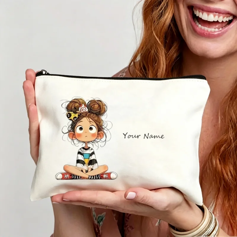 Custom Double Buns Cartoon Girl Makeup Pouch Zipper Cosmetic Bag Portable Toiletry Storage Pencil Case Gift for Girls Women Bags