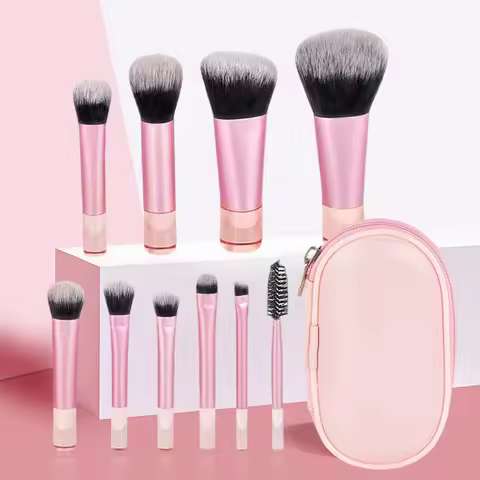 Conjunto de 10 Pincéis de Maquiagem Mini Portáteis, Essenciais para Viagem, Pincéis Multifuncionais com Cerdas Macias e Estojo de Armazenamento Incluído