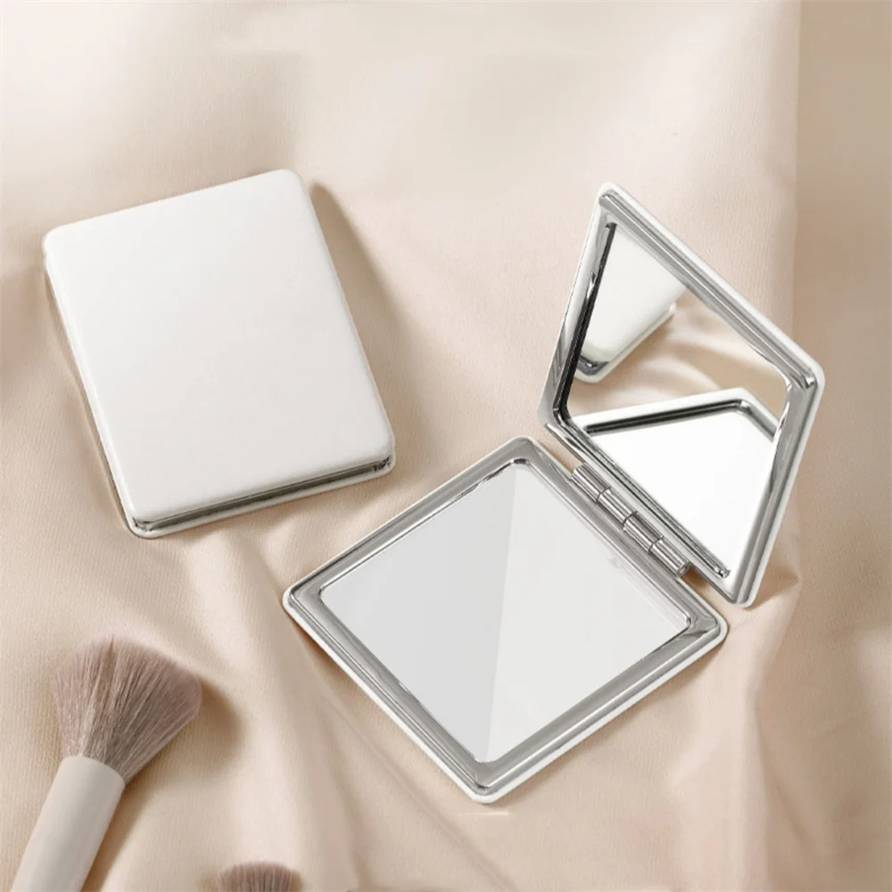 Portable Double-Sided Folding Makeup Cosmetic Mirror PU Leather High-Definition Mirror Handheld Pocket Vanity Mirror Solid Color