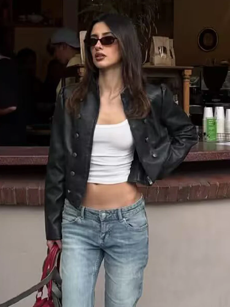 New Women PU Outerwear Vintage Solid Jacket Chic Double Breasted Faux Leather Slim Street Faux Leather Fashion Casual Coat