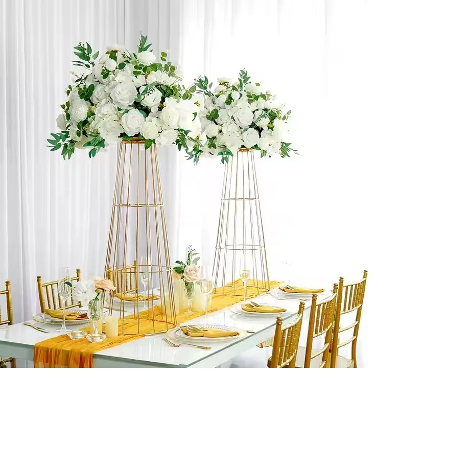 

Золотой конус, железные металлические вазы для труб, элегантные украшения для свадебной вечеринки, подставка для цветов, центральные детали для свадеб и мероприятий