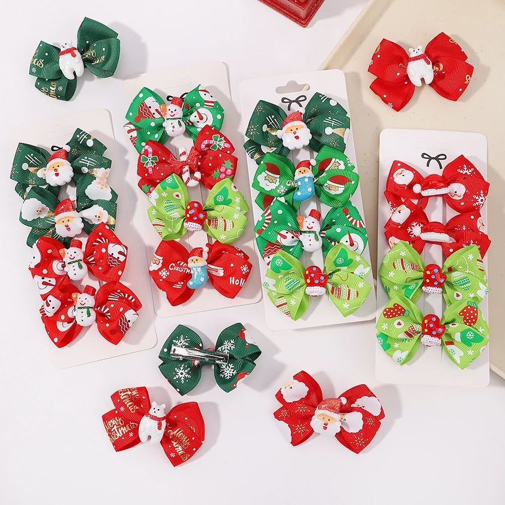 4Pcs Children\'s Christmas Hair Accessories Hairpin Set Cartoon Santa Claus Style Bowknot Hairclip for Girl Party Cheer Headwear