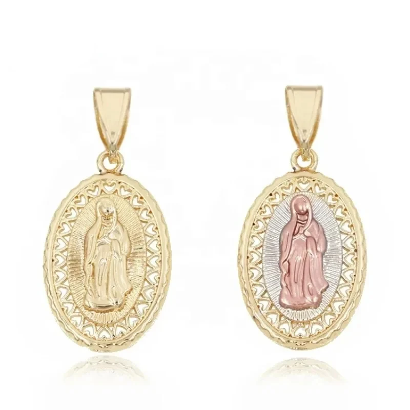 Ruixi  Religious Jewelry 14k Gold Plated Three Color Our Lady of Guadalupe Gold Laminated Virgin Men and Women Necklace Pendant