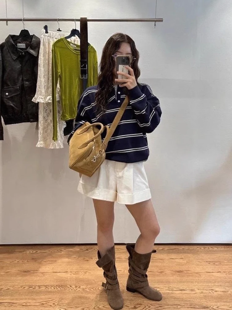 Chic Herbst Neue Faul Sle Ne Lose Kleine Gestreifte Gestrickte Top frauen Faion Pendeln Sle Koreanische Lose Fit Lange Sve