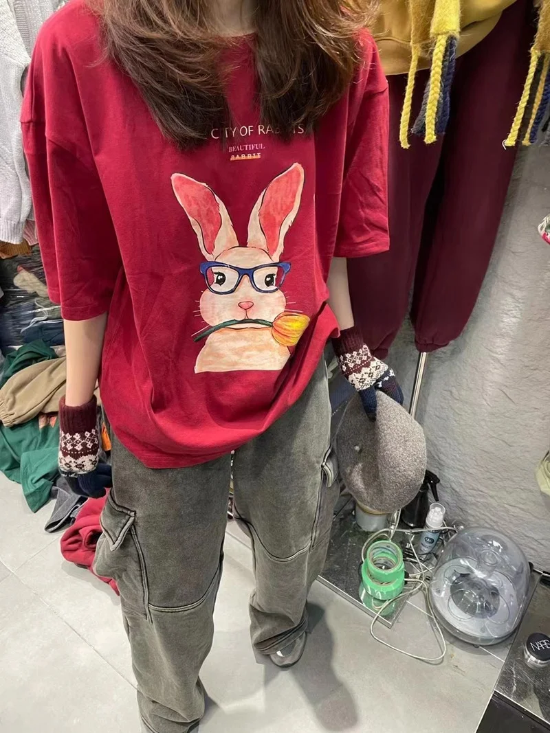 

Loose Short Sleeve T-Shirt Korean Style round Neck Letter Cartoon Pattern Brushed Versatile Base Shirt Spring Summer New Arrival