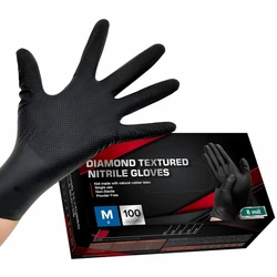 8Mil Heavy Duty Black Industrial Nitrile Gloves Disposable Safety Work Gloves Raised Diamond Textured Grip Mechanic Auto Gloves