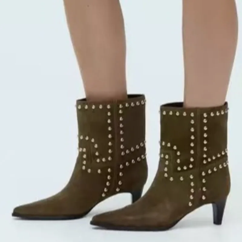 الاتجاه الجديد 2025 الخريف والشتاء برشام موضة عالية الكعب تشيلسي الأحذية وأشار حذاء من الجلد عالية الكعب خنجر الأحذية الغربية #2