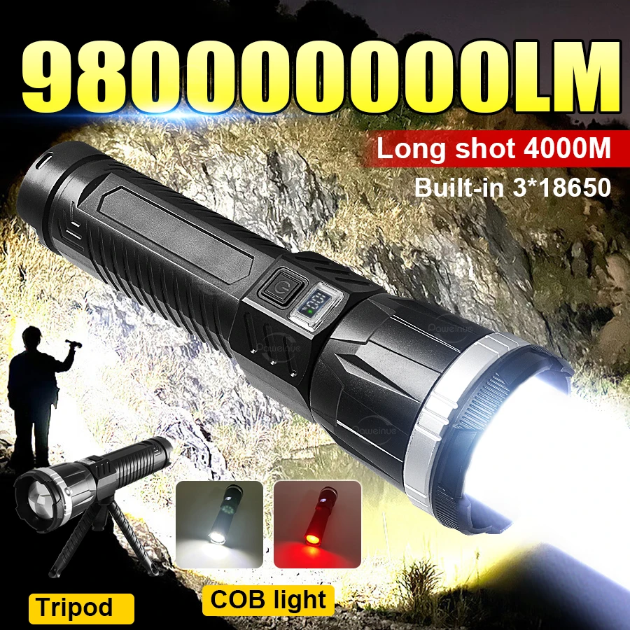 

980000000LM Strong Power LED Flashlight Bright Rechageable Built-in 3*18650 Battery COB Flashlight Outdoor Emergency Camping Zoo