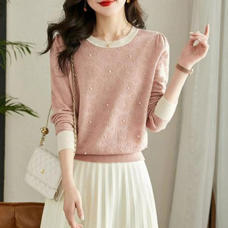 Clothes for Women Spring Autumn Fashion Contrast Color Chic Sweet Knitted Sweater Elegant Beaded Long Sleeve Loose Pullover Tops