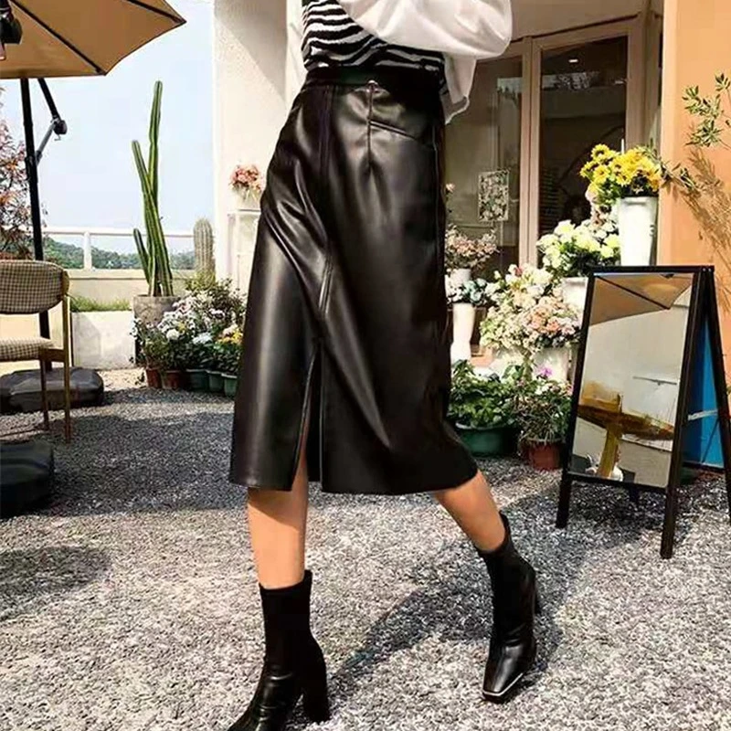 

Осенне-зимние винтажные черные юбки-миди из искусственной кожи с разрезом спереди, женские, с завышенной талией, фасон «трапеция», новинка 2026 года