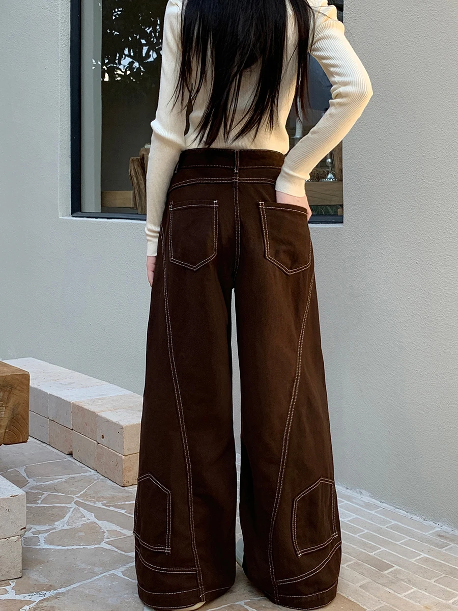 REDDACHiC Brown Upside Down Boyfriend Jeans Vintage Patchwork Wide Leg Cargo Pants Plus Size Trousers Western Women Streetwear