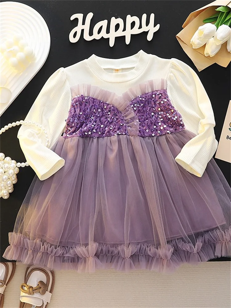 Kleider für Kinder Mädchen Baumwolle Langarm Pailletten Spitze Prinzessin Kinder Kleider Frühling Elegante Geburtstag Kleidung Show Kostüm – Detail 1