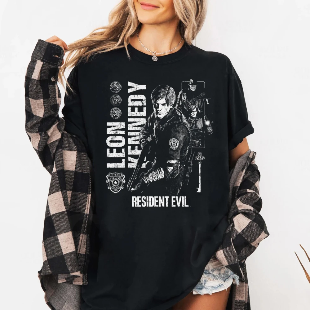 Resident Evil Leon Kennedy Shirt RPD Officer Retro Gamer Tee Survival Horror Fan Gift Tee Short Sleeve Women for Spring Summer