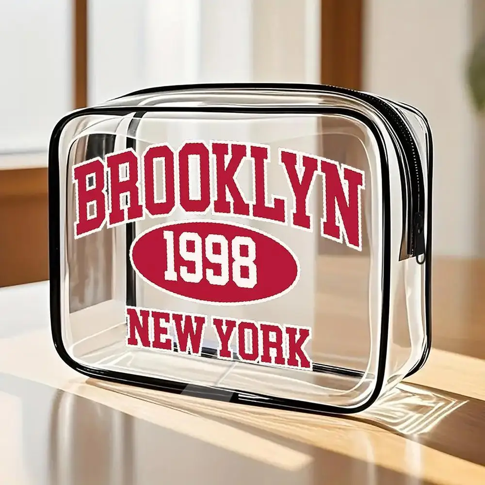 Toilet Bag Brooklyn 1998 New York Clear PVC Cosmetic Bag, Vintage Collegiate Style with Black Trim Zipper Portable Travel Toile