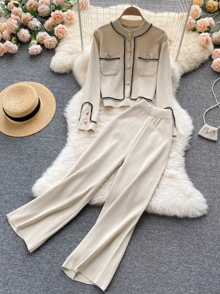 

2023 Autumn Korean Fashion Casual Knit Two Piece Set Women Sweater Cardigan Crop Top Wide Leg Pant Suits Tracksuit 2 Piece Sets