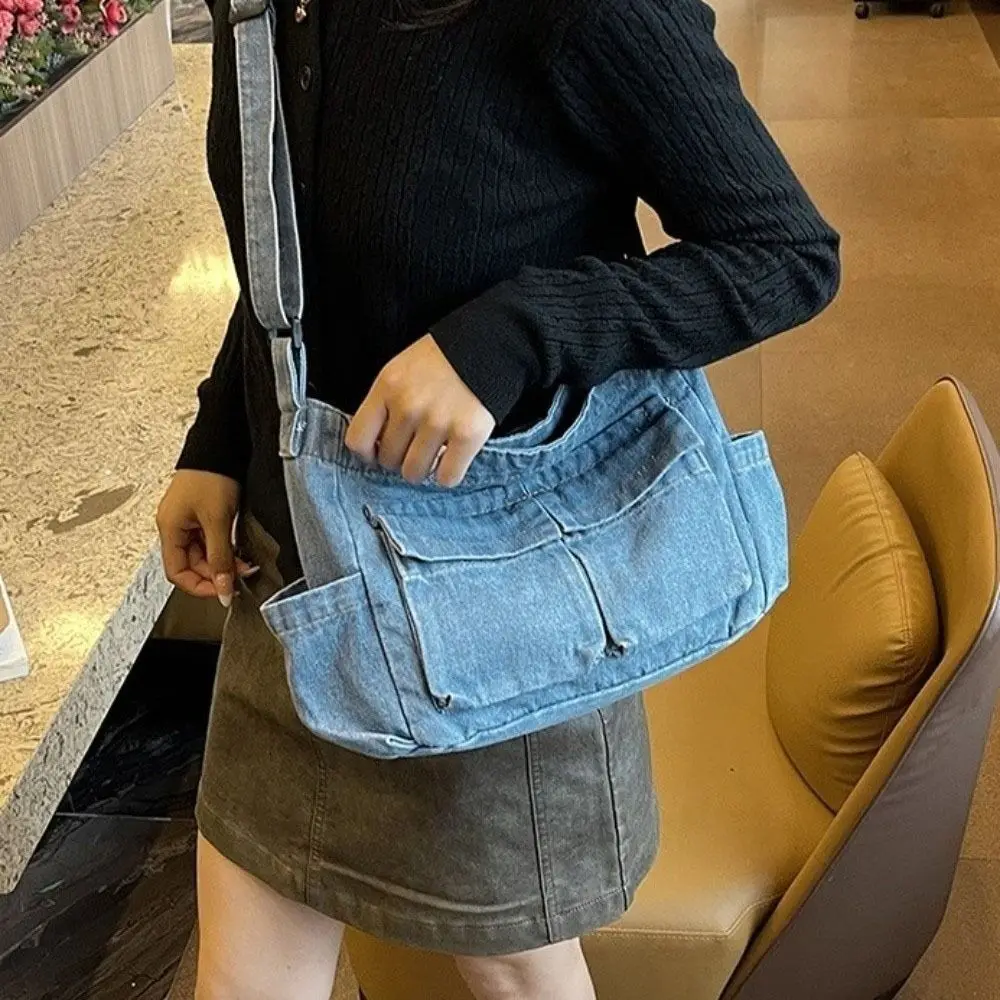 

Винтажная парусиновая джинсовая сумка-мессенджер в стиле Харадзюку с несколькими карманами, дорожная сумка на плечо, синяя большая вместительная сумка для подмышек, дорожная сумка