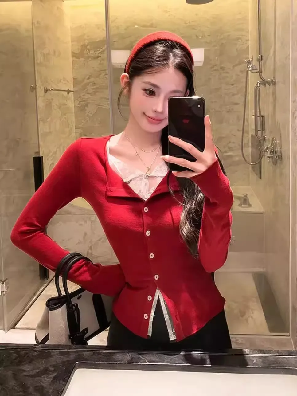 레드 레이스 롱 슬리브 티셔츠 여성 유니크 패치워크 베이스 티셔츠 탑 한국 스타일 출퇴근 클래식 패턴 얇은 바디핏