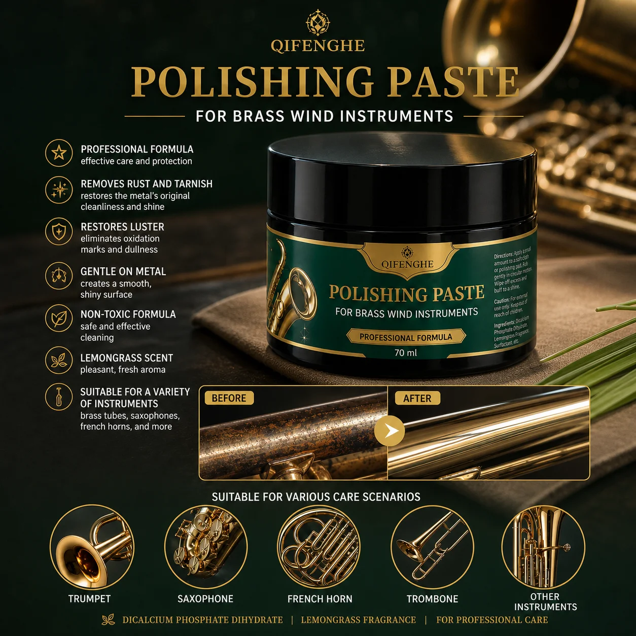 70ml Brass Musical Instrument Polishing Paste, Metal Tarnish Rust Remover, Oxidation Cleaner for Saxophone Trumpet Trombone Fren