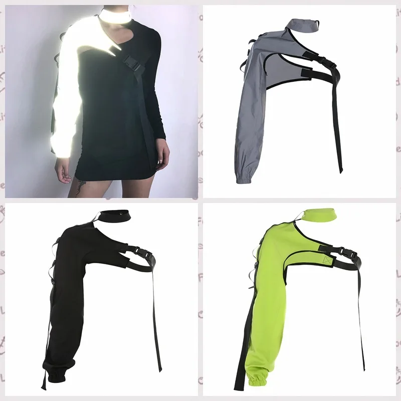 Women's Cross-Border Asymmetric Single Shoulder Long Sleeve Reflective Splicing Top Coat High Waist Nine Points Pants