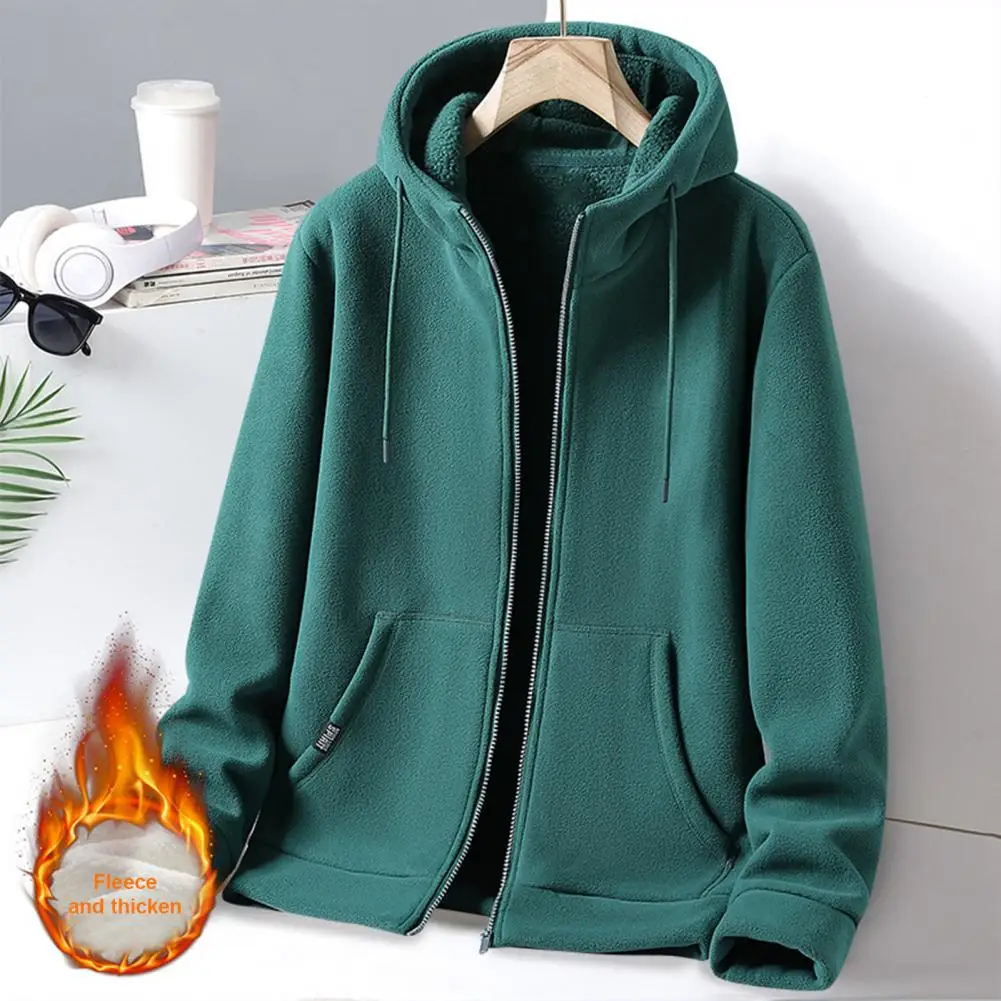 Thickened Velvet Coat Men's Hooded Zipper Closure Winter Coat with Drawstring Thick Warm Cardigan Jacket for Daily Wear Men Warm