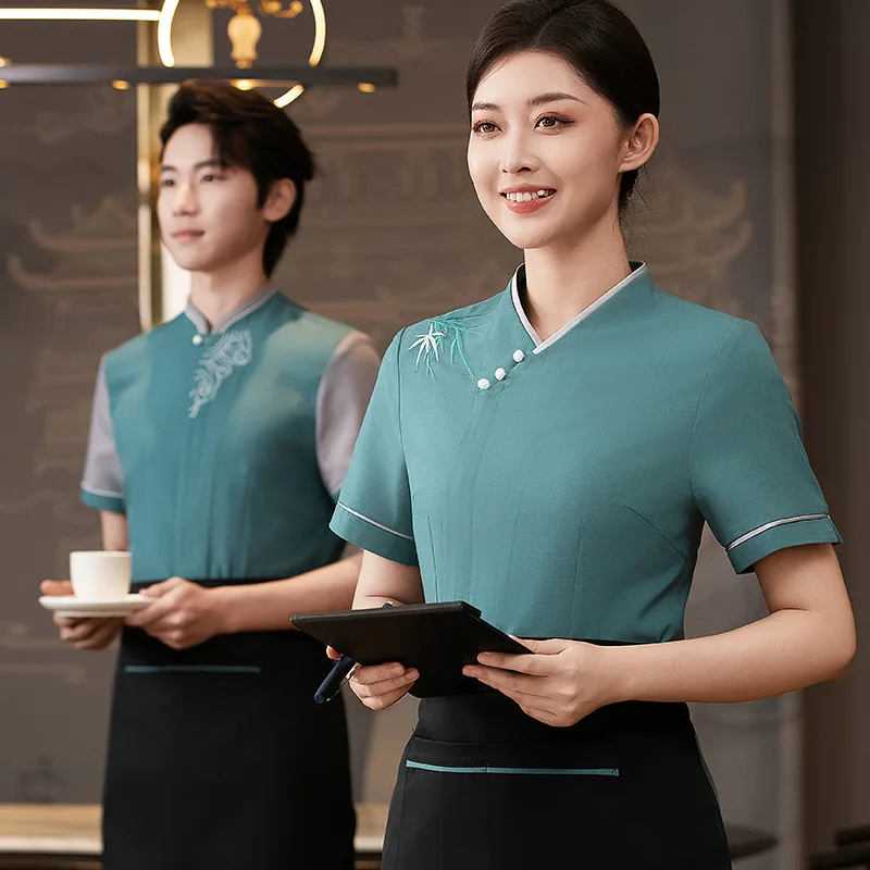 

Рабочая униформа официанта в китайском стиле с коротким рукавом, женская летняя одежда для отеля, чайного домика, ресторана, ресторана, специальная одежда