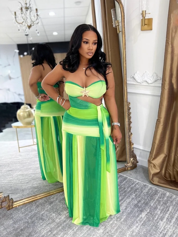 

Wmstar Two Piece Sets Women Wholesale Sexy and Elegant Vacation Fashion Strapless Gradient Casual Pleated Dress Dropshopping