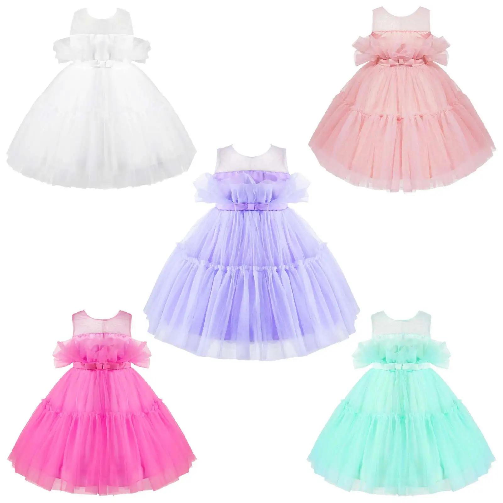 2022 Latest White Ball Gown for Kids Girls Elegant Sleeveless Round Neck Tulle Tutu Flower Girls Dress Teenage Girl Dating Wear