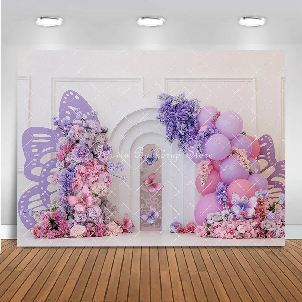 Butterfly Wings Arch Photography Backdrop Girl Birthday First Cake Smash Photo Background Purple Pink Flowers Photo Studio Props