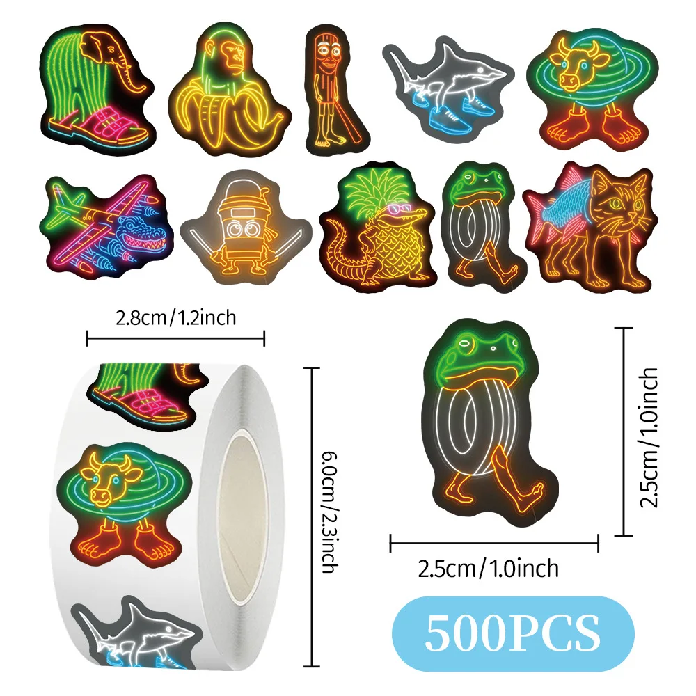 500 pièces/rouleau néons Tung Tung Sahur italien cerveau AI Abstrac autocollant d'étanchéité bricolage PVC ordinateur portable décoration récompense cadeau jouets